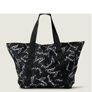 Victoria's Secret Pink Black Script Logo Tote Zip Top Weekender Beach Bag